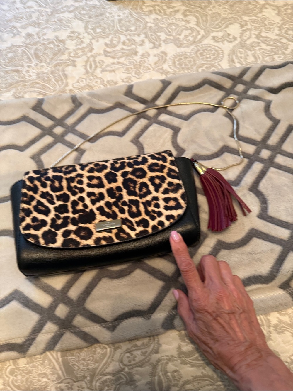 kate spade Leopard-Print Flap Shoulder Bag with Black Body and Burgundy Tassel